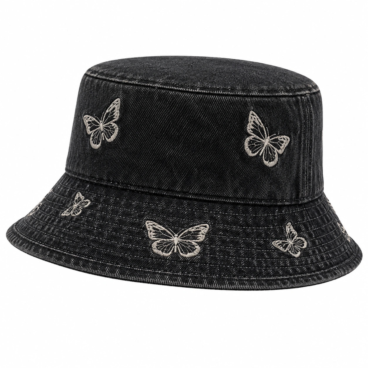 Chapeau bob noir avec papillons brodés