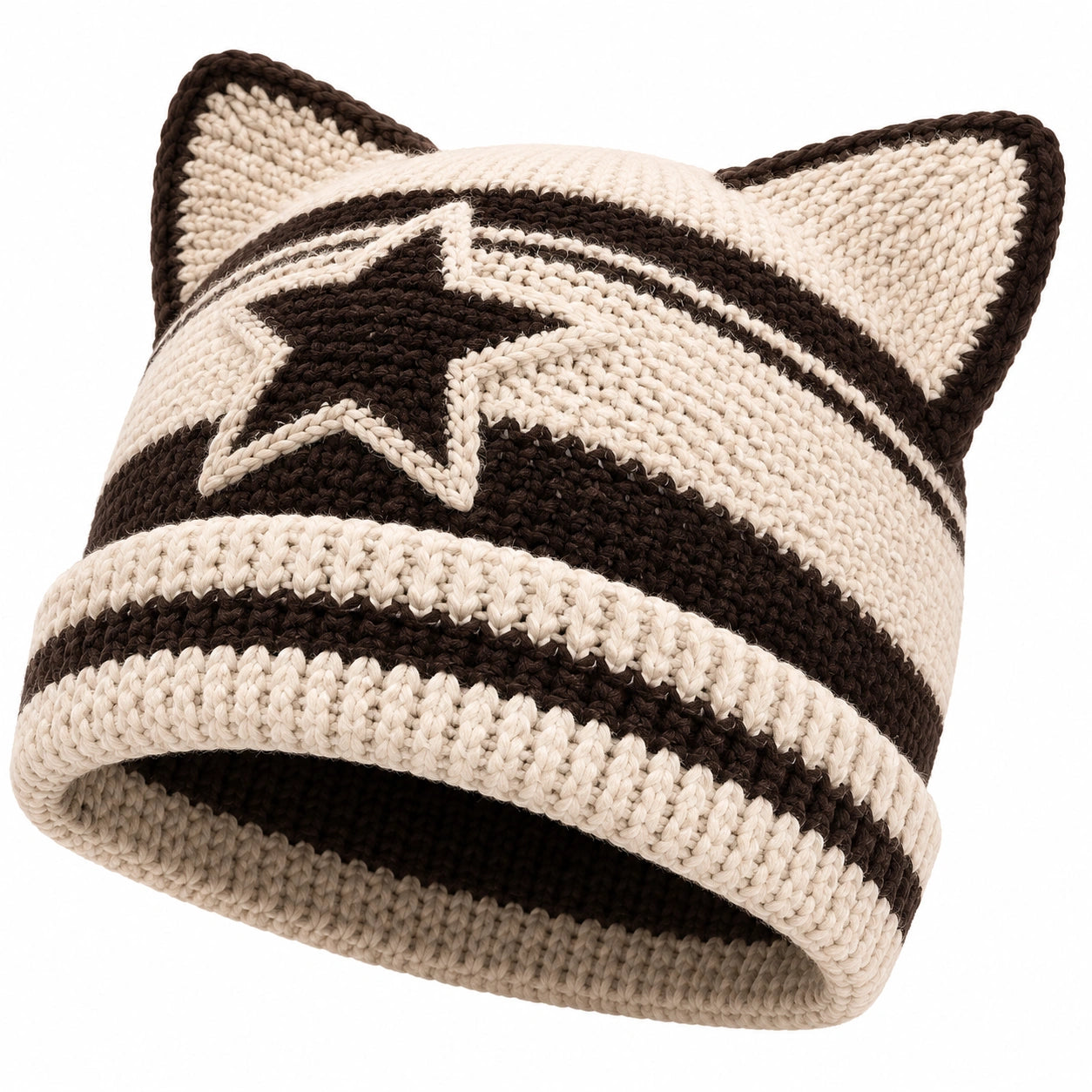 Bonnet tricoté avec oreilles et étoile marron et beige