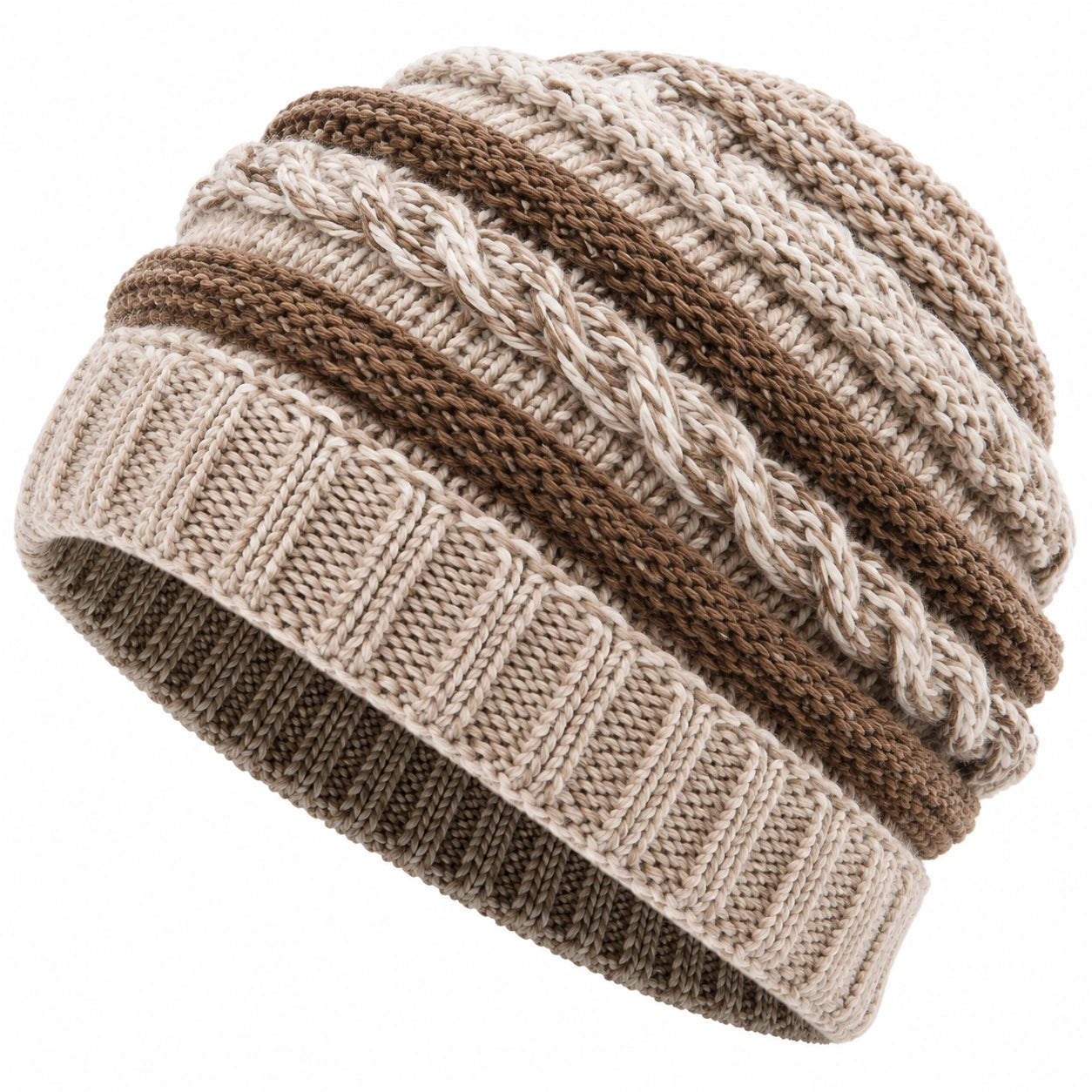 Bonnet d'hiver tricoté torsadé beige et marron
