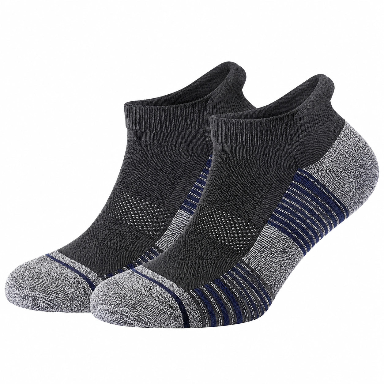 Chaussettes courtes sport respirantes noir et gris rayées