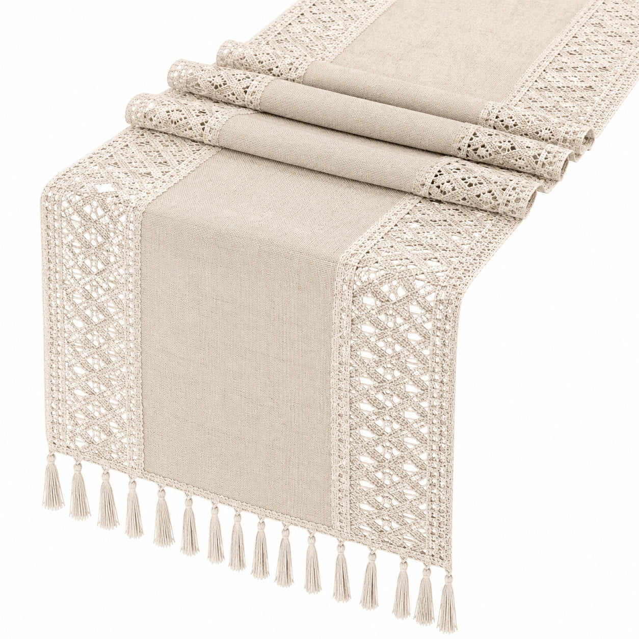 Chemin de table beige avec dentelle et franges