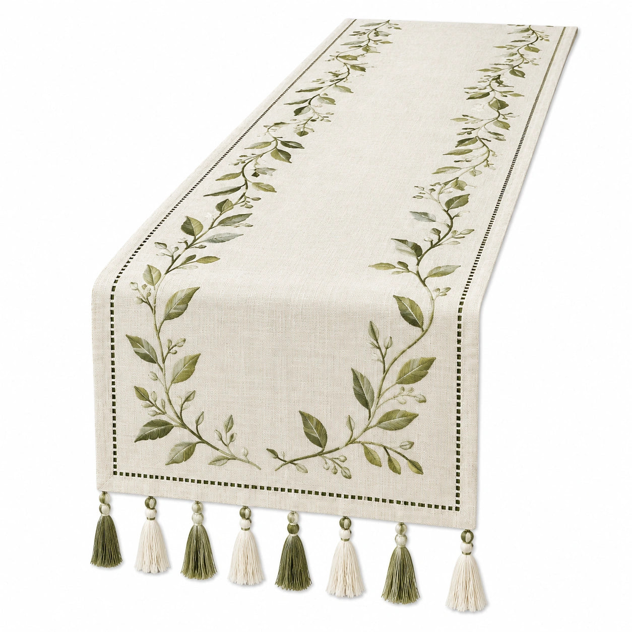 Chemin de table beige avec broderie de feuilles vertes et pompons