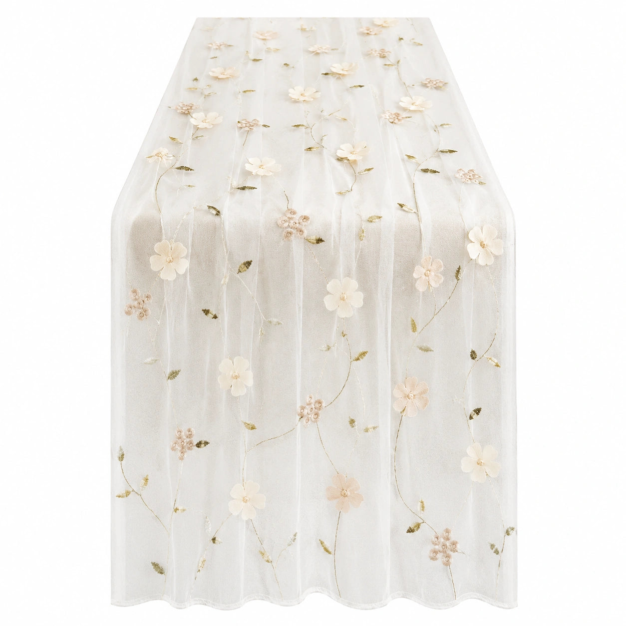 Chemin de table brodé fleurs blanc 180x40 cm
