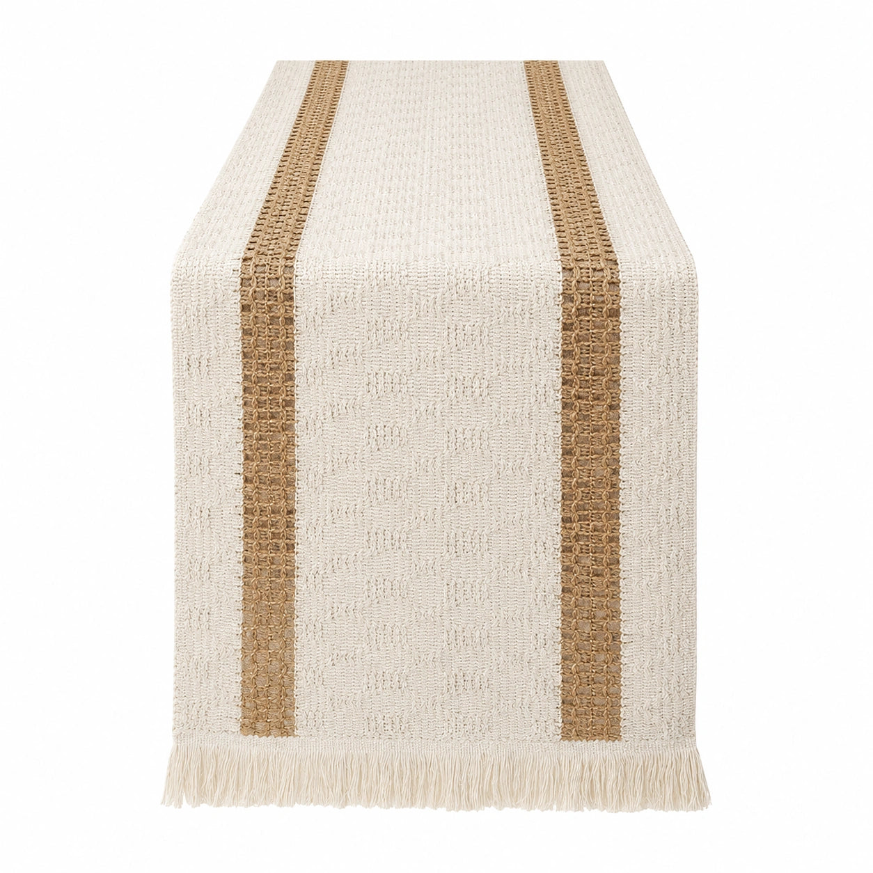 Chemin de table en tissu beige et marron avec franges