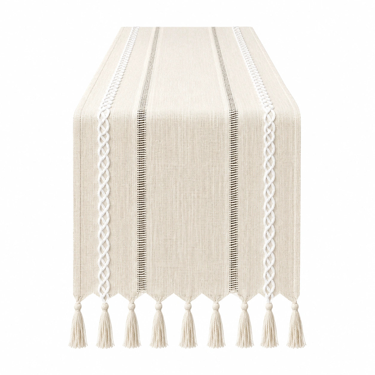 Chemin de table beige avec franges et rayures tressées