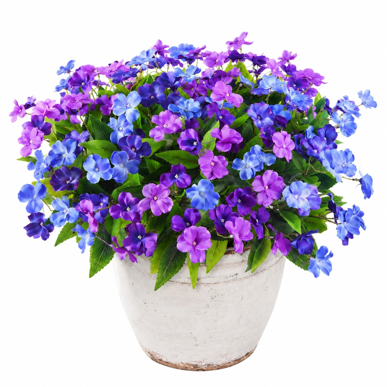 Arrangement floral artificiel en pot violet et bleu