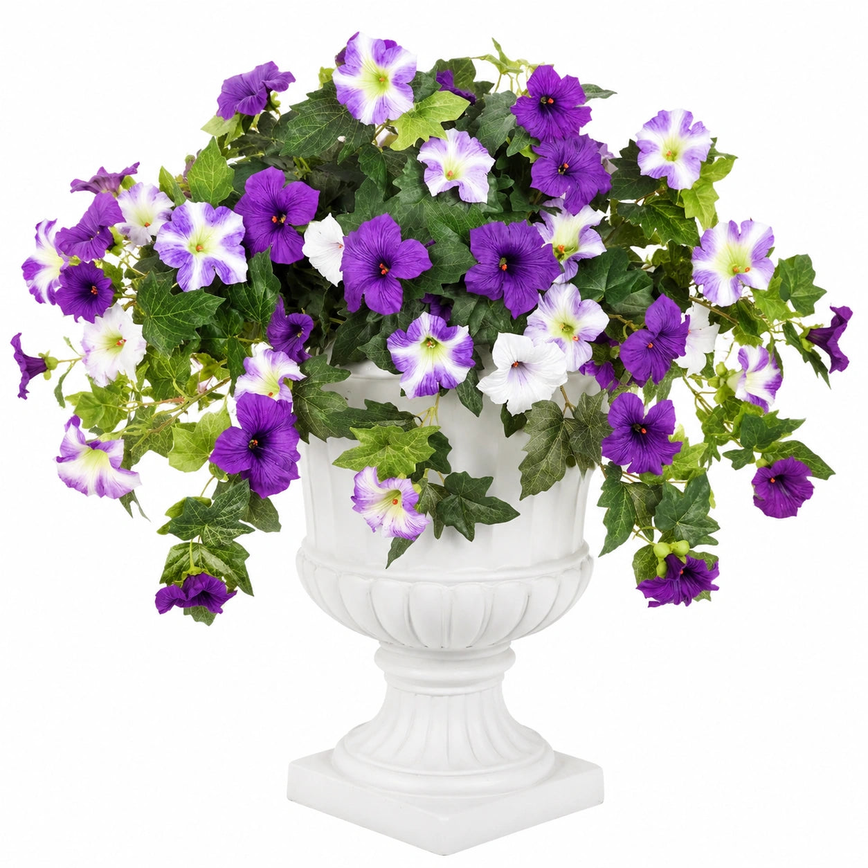 Arrangement de pétunias artificiels violets et blancs en pot avec feuillage vert